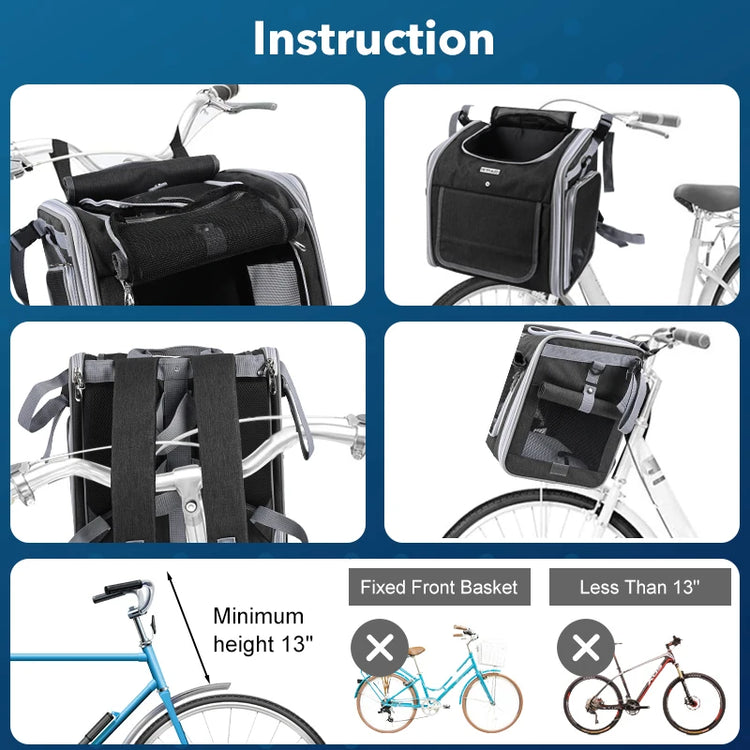 Multifunctional Soft-Sided Dog Bike Basket – Expandable Pet Carrier Backpack with 4 Open Doors