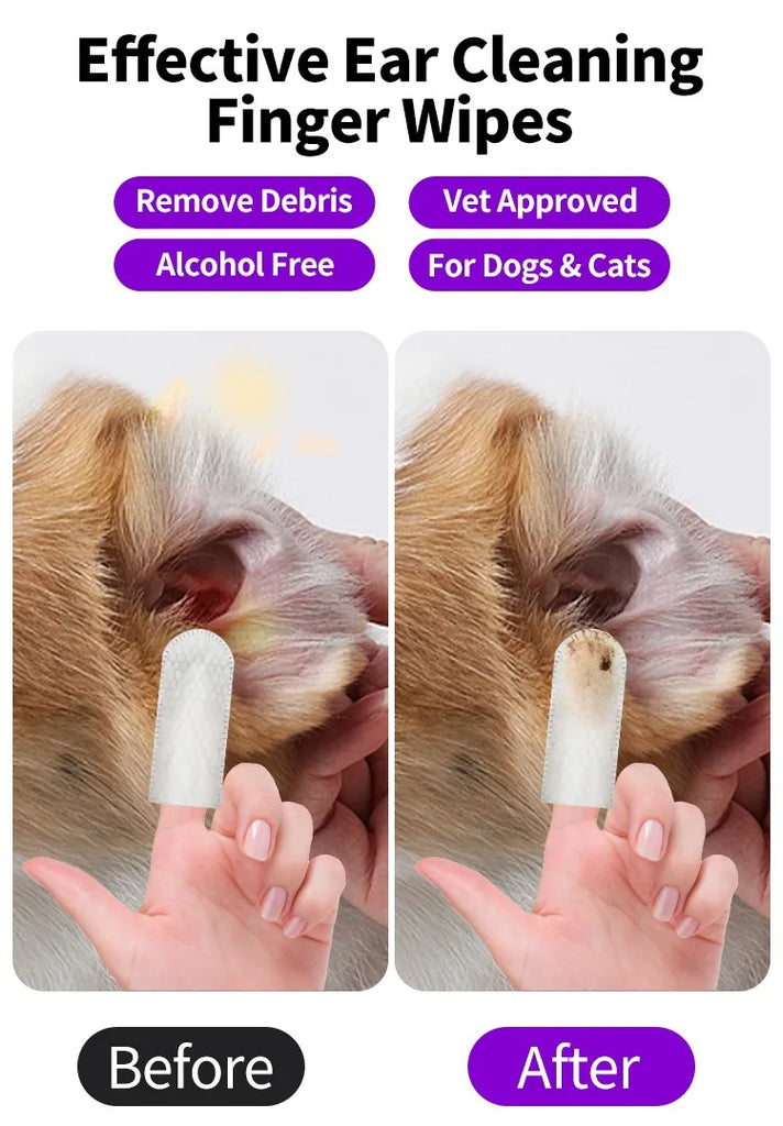 Pet Ear Cleaning Finger Wipes (50ps/can) - Earwax & Mites Removal for Cats and Dogs